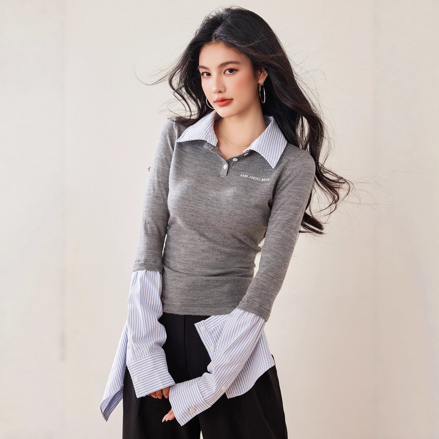 Fashionable Autumn Women's Unique and Elegant Classic Versatile Patchwork Shirt with False Two-Piece Design, Knit Top, Early Autumn New Style Top